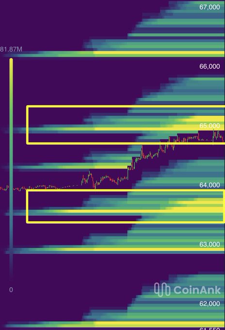 The image is a Bitcoin order book heatmap from CoinAnk showing price levels ranging from $61,550 to $67,000, with two yellow-highlighted dense liquidity clusters at the $65,000 and $64,000 zones. The heatmap visually reinforces the post's analysis, illustrating the critical support at $64,600 and resistance near $65,000 where BTC's price action must decide its next directional move.