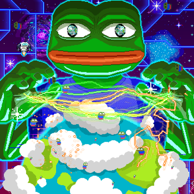 The post features a graphic that showcases a green cartoon frog, Pepes, holding up his hands with lightning bolts, surrounded by various elements of space like planets and stars. The caption at the bottom reads "#PEPE is going to $100bn and beyond". This image seems to be a representation of a character from a video game or animated series related to Peanuts.