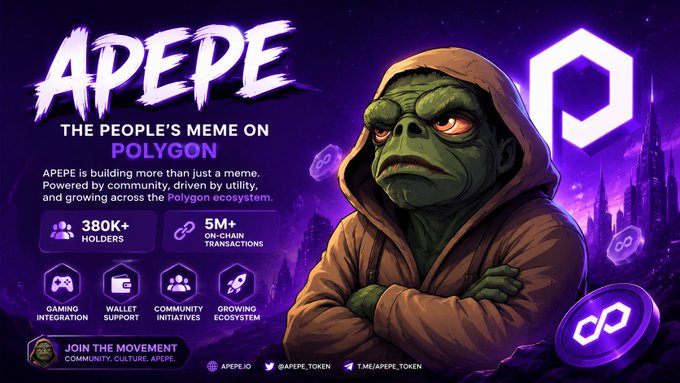 The image features a cartoon character wearing a hoodie with a frowning face, standing against a purple background. The text "APEPE" can be seen at the top of the image, while "POLYGON ON" is written below it. Below this, there are several icons representing different aspects of the Polygon ecosystem, such as gaming integration and wallet support. These icons include a game controller, a coin, and a social media icon. The overall layout suggests that the image is part of a larger post or meme related to the Polygon project.