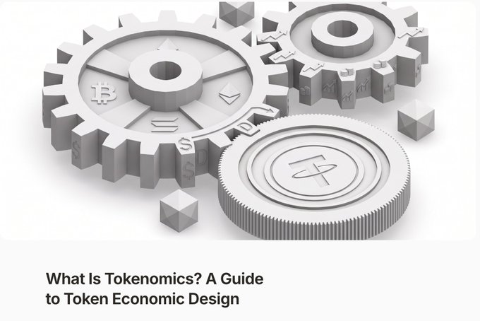 A grayscale image featuring 3D metallic gears engraved with cryptocurrency symbols (Bitcoin, Ethereum, and "X") alongside small cube tokens, with the caption "What Is Tokenomics? A Guide to Token Economic Design" beneath it, visually representing the interconnected mechanics of crypto token economies referenced in the blog post about token economic design variables.
