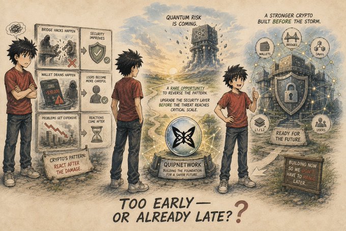 An illustrated infographic about QUIP Network cryptocurrency, showing a character comparing the current reactive crypto pattern (reacting after damage) with upgrading security before quantum risk hits.