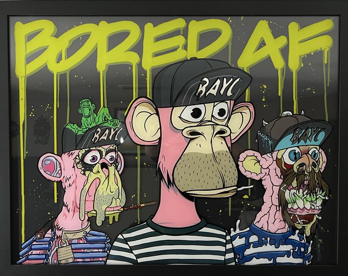 A colorful cartoon illustration featuring Bored Ape-style NFT characters wearing 'BAYC' caps with 'BORED AF' in dripping yellow graffiti text above them.