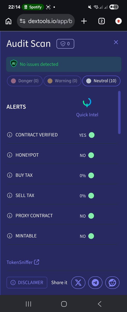 A dextools.io Audit Scan results page showing 'No issues detected' with all checks (Danger, Warning) at zero, including CONTRACT VERIFIED: YES, HONEYPOT: NO, BUY TAX: 0%, SELL TAX: 0%, PROXY CONTRACT: NO, and MINTABLE: NO.