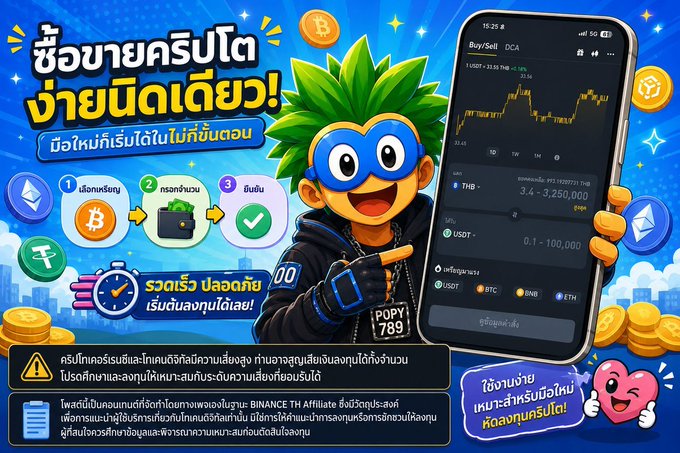 A colorful Thai-language cryptocurrency advertisement features a green-haired mascot and a phone displaying 'Buy/Sell DCA' with Bitcoin, USDT, ETH, and Binance TH Affiliate branding.
