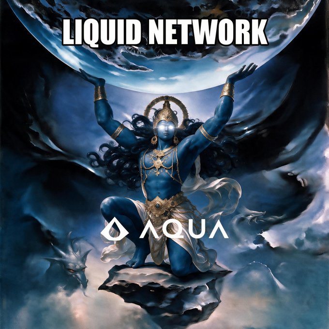 An advertisement features a blue, multi-armed deity figure holding up a crescent moon shape, with the text "LIQUID NETWORK" and the Aqua logo.