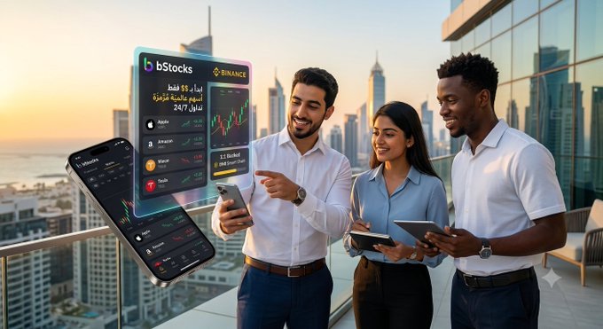 Three professionals review a futuristic interface displaying Binance's bStocks feature, showcasing stock tickers for Apple, Amazon, and Tesla, alongside charts and the text "تداول 24/7" (trade 24/7). This image visually represents the concept of trading global stocks with Web3-style accessibility, as described in the accompanying post.