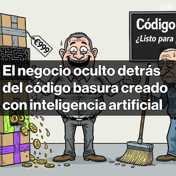 Cartoon illustration with Spanish text reading 'El negocio oculto detrás del código basura creado con inteligencia artificial', depicting a sweating man next to packages priced €999 while another sweeps.