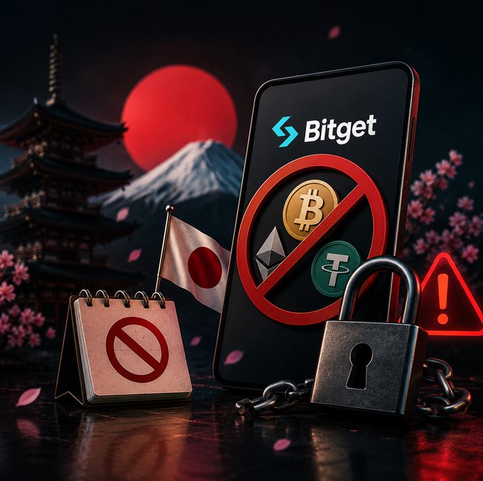 A stylized 3D graphic showing a smartphone displaying the Bitget logo with a 'no' symbol over Bitcoin, Ethereum, and Tether logos, alongside a calendar with a prohibition sign, a padlock, and a Japanese flag against a dark, cultural backdrop.
