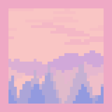 A minimalist pixel art landscape showing a pink and purple sunset sky over silhouetted city buildings or mountains in a square format with a pink border.