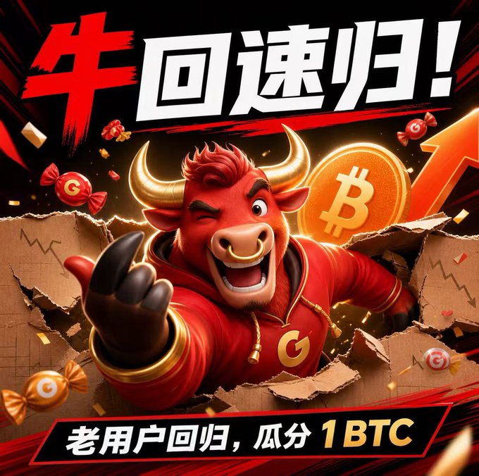 A promotional graphic featuring an animated red bull character bursting through cardboard, with Chinese text reading '牛回速归!' (Bull returns quickly!) and '老用户回归，瓜分1BTC' (Returning users share 1 BTC), alongside Bitcoin and cryptocurrency imagery.