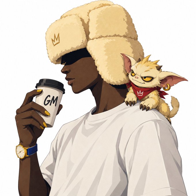 A stylized illustration shows a person in profile drinking from a 'GM' cup, wearing a fuzzy hat and watch, while a small, yellow, fanged creature with a red bandana perches on their shoulder.