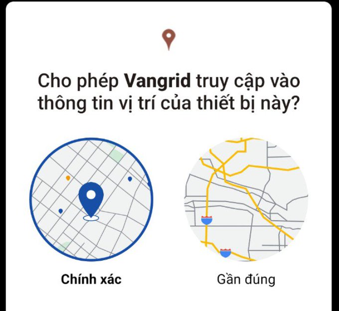 A Vietnamese language location permission prompt asking 'Cho phép Vangrid truy cập vào thông tin vị trí của thiết bị này?' with options for 'Chính xác' (Precise) and 'Gần đúng' (Approximate).