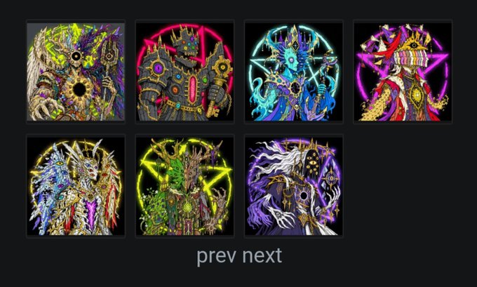 A webpage screenshot displaying a gallery of seven dark, intricate fantasy illustrations of armored figures and creatures with glowing eyes and weapons, with 'prev' and 'next' navigation links at the bottom.