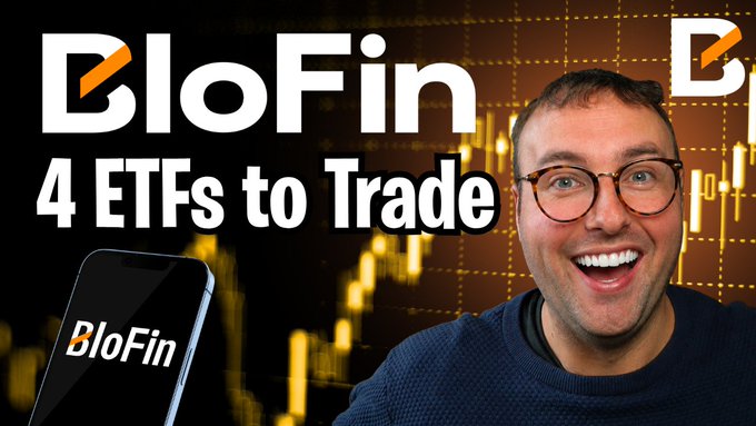 A YouTube thumbnail for 'BloFin' titled '4 ETFs to Trade' featuring a smiling man with glasses, a BloFin phone graphic, and a yellow financial chart background.