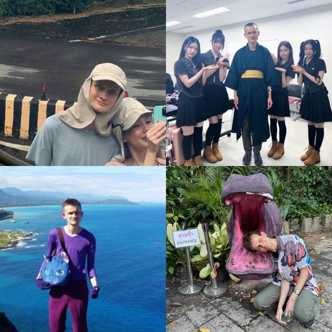 The image consists of four photos, each featuring a different person posing for the camera with various accessories such as hats or bags. In one photo, there are two people wearing hats while another person has a blue bag. The fourth photo shows an individual posing in front of a giant stuffed animal, which is likely related to the post "meet my idol Mr. Vitalik Buterin".