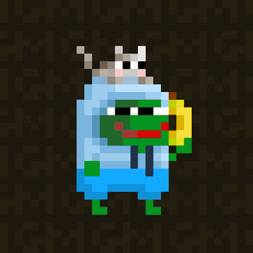 A pixel art character appearing to be a green creature or frog wearing a blue hooded outfit with white bunny ears, holding a yellow object.
