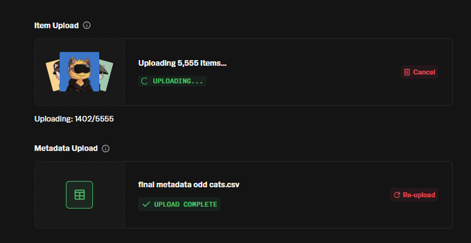 A screenshot of an upload interface shows "Uploading 5,555 items..." with a progress bar at 1402/5555, alongside a completed "final metadata odd cats.csv" upload. The image reflects the post's theme of a well-organized NFT collection launch, where the creator prepared their 5,555-item "odd cats" collection and metadata in advance rather than scrambling at the last minute.