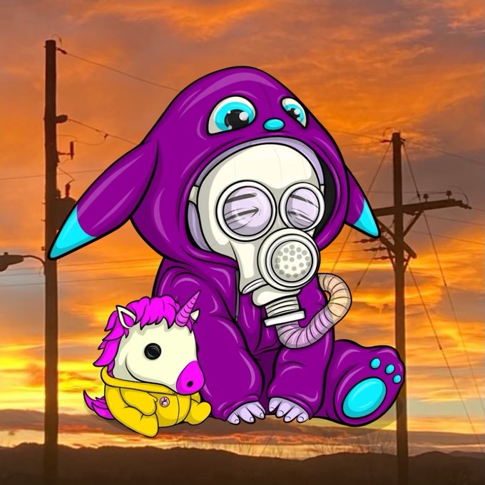 A digital illustration of a chubby purple creature wearing a gas mask and holding a small unicorn plushie, set against a vibrant orange sunset with power line silhouettes.
