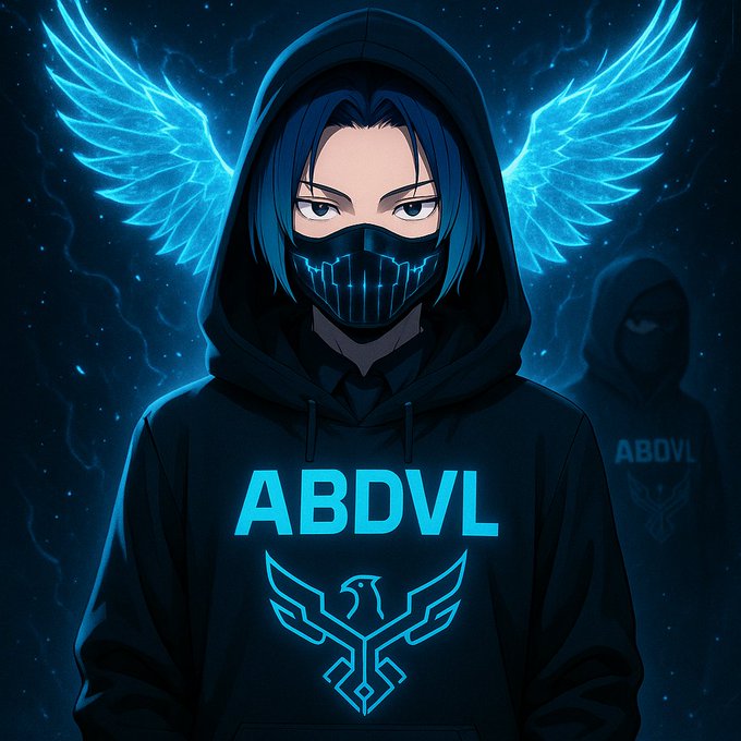 An anime-style digital artwork of a hooded figure wearing a black mask and a dark hoodie featuring the cyan text 'ABDVL' and an eagle emblem, with glowing blue angelic wings behind them.