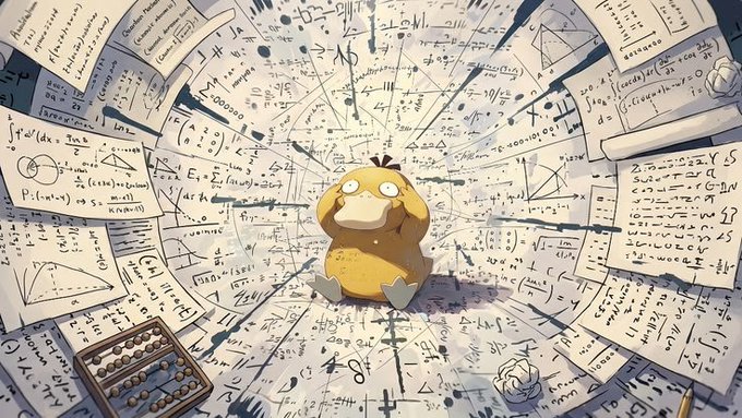 Digital illustration of Psyduck from Pokémon sitting surrounded by a chaotic, swirling vortex of mathematical equations, graphs, and diagrams.