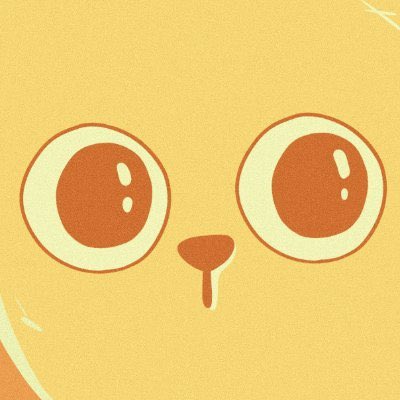 A close-up illustration of a cartoon cat face with large orange-rimmed eyes and a small nose on a yellow textured background.
