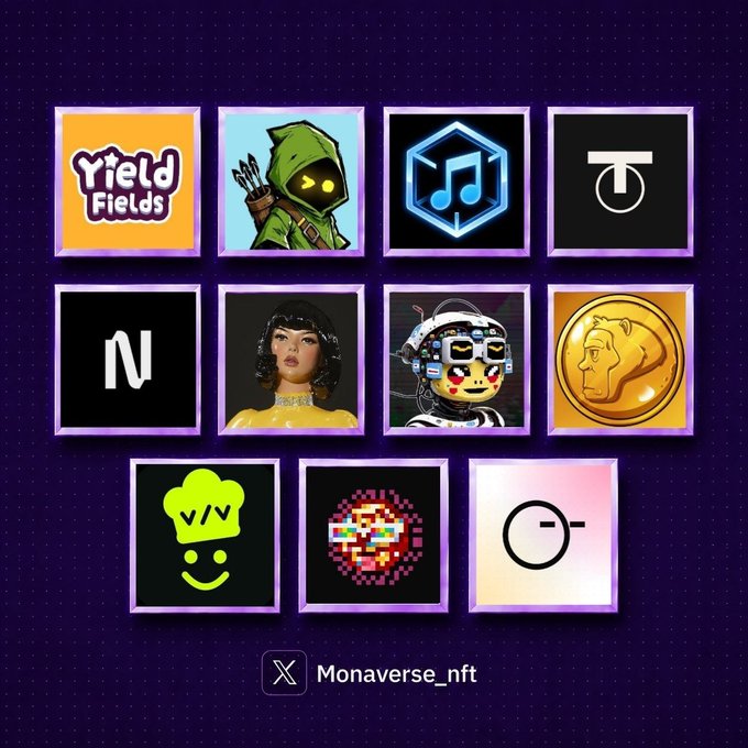 A graphic displaying a grid of 10 NFT logos and avatars on a purple background, including 'Yield Fields', with the handle 'Monaverse_nft' at the bottom.