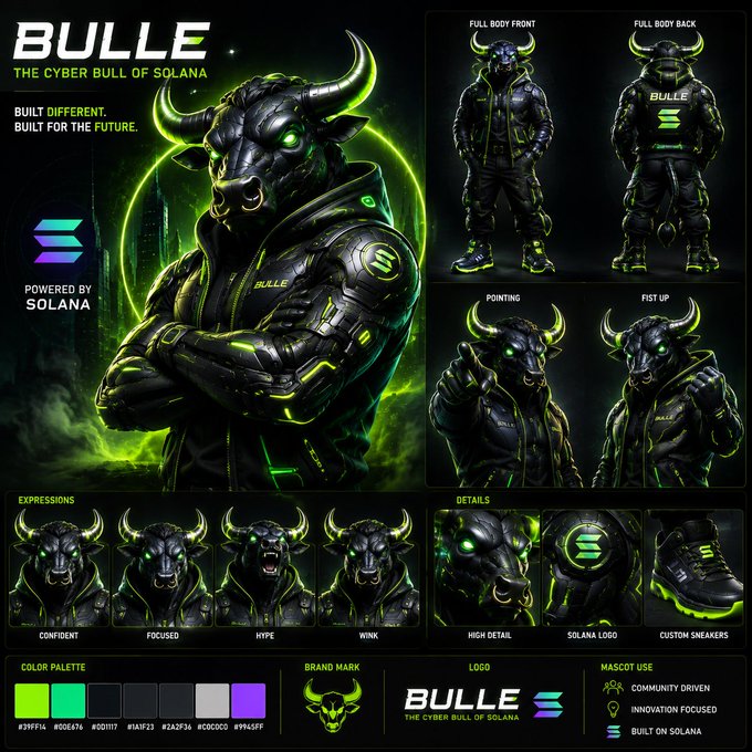 Character design sheet for 'BULLE - THE CYBER BULL OF SOLANA', showing full body, expressions, color palette, and mascot details powered by Solana.