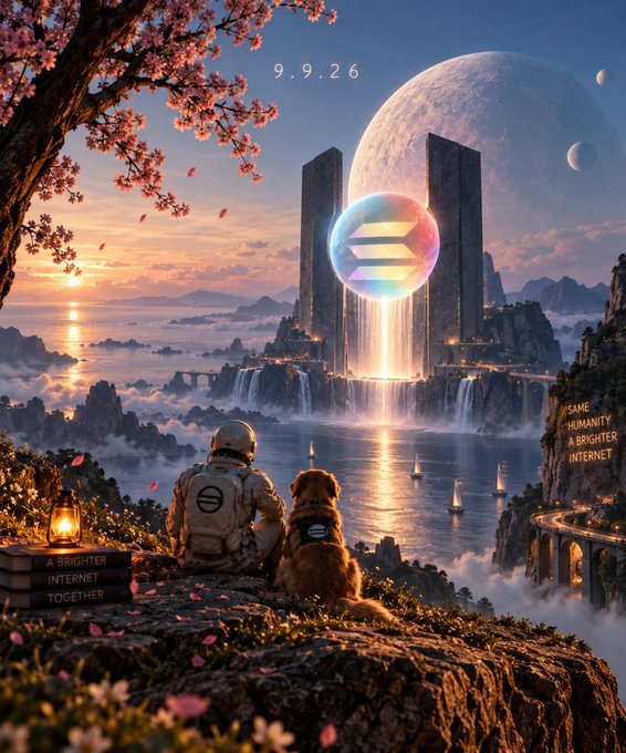 A sci-fi fantasy illustration depicts an astronaut and dog sitting on a cliff at sunset, overlooking a futuristic city with towers and waterfalls beneath a large planet, with text reading '9.9.26', 'A BRIGHTER INTERNET TOGETHER', and 'SAME HUMANITY A BRIGHTER INTERNET'.