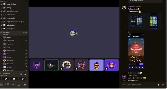 The image shows a Discord voice channel called "Kizzy Farm" with five users connected, including Saisho, Catholicced, Crystalrs, Case, and Dalf Coushess, alongside a chat featuring messages from users like Obisabashi and ZeludOneI discussing "Y'all cooking" and real money topics. This relates to the post as it depicts the "kizzy community call" mentioned, showing the live voice chat participants and chat conversation during the call.