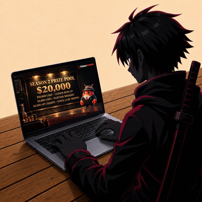Anime-style artwork of a black-haired character in a dark red hoodie with a sword on his back, typing on a laptop displaying 'ClawArena SEASON 2 PRIZE POOL $20,000' with crypto rewards.