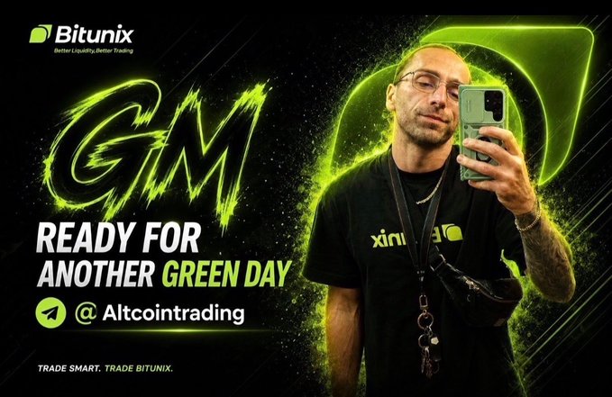 A promotional image for Bitunix featuring a man taking a selfie against a black background with green accents, displaying "GM READY FOR ANOTHER GREEN DAY @ Altcointrading" and the Bitunix logo with the tagline "TRADE SMART. TRADE BITUNIX." The image's encouraging "GM" (good morning) message and motivational tone align with the post's message about perseverance in trading through difficult days.