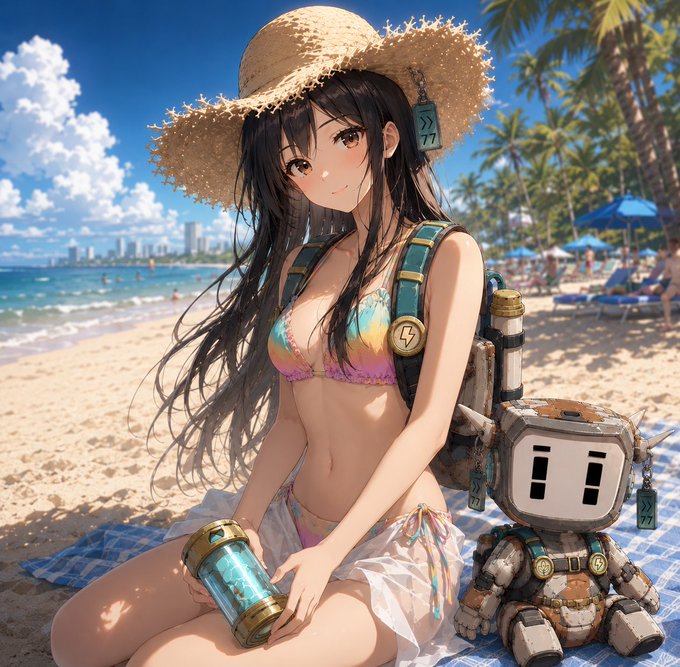 An anime girl in a bikini and straw sunhat sits on a beach towel beside a small robot companion, with the number "77" visible on both the hat and the robot's tag. The relaxed, sunny summer vibe complements the post's cheerful "GM CT" Friday greeting and excitement about the upcoming Blokyz NFT mint announcement.