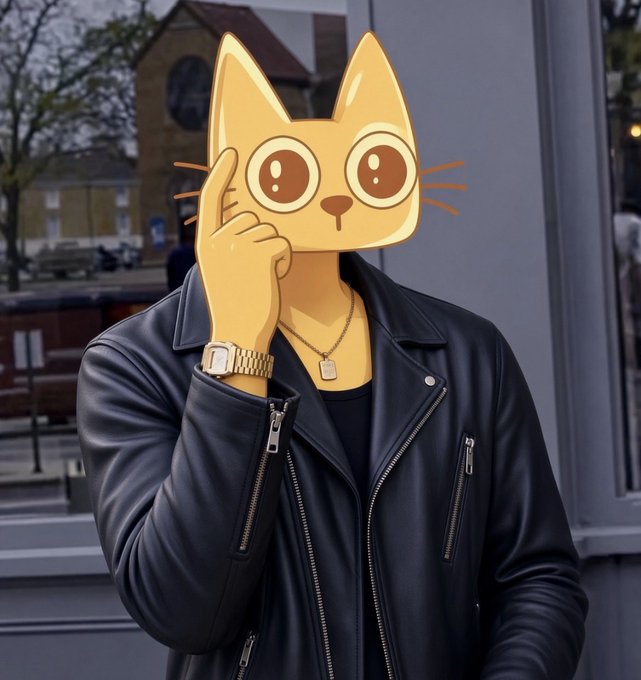 An illustration of a person wearing a black leather jacket and a gold watch, with a stylized orange cat head (resembling a meme character) in place of a human face, posing with one hand raised near their face.