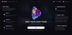 The image shows a VOXE platform interface featuring a "MINT YOUR VOICY PASS" prompt with a glowing crystalline 3D graphic, alongside a sidebar displaying "VOXIC TIER" rankings (Bronze, Silver, Gold, Diamond) and the "TIME CAPSULE" feature preview, visually previewing the new prediction-locking feature highlighted in the post.