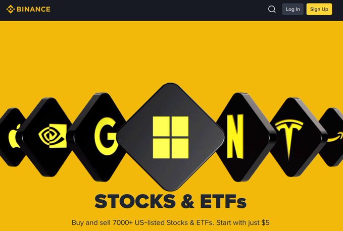 The image shows a website for trading Stocks & ETFs, which has an eye-catching design featuring yellow diamond icons arranged in a diagonal line across white text. The company's announcement of launching direct Stocks & ETFs trading, with access available 24/5 for non-U.S. users, suggests that they are capitalizing on the growing demand for cryptocurrency trading services without requiring users to leave their own platform. This is especially important considering that it seems Crypto traders would need to use a separate exchange service to trade cryptocurrencies in traditional markets if they want to access exchanges such as Binance.