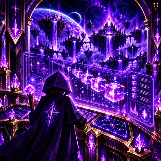 A hooded figure in a dark cloak stands before glowing purple holographic displays, looking out over a fantastical landscape of floating islands, glowing crystals, and waterfalls under a starry sky with a large planet in the background.