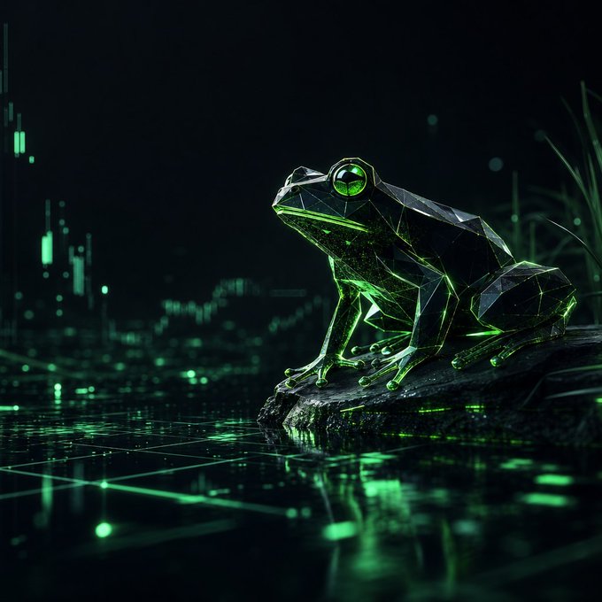 A stylized 3D render of a geometric, crystalline green frog sitting on a rock with glowing green financial chart elements reflected in water below.