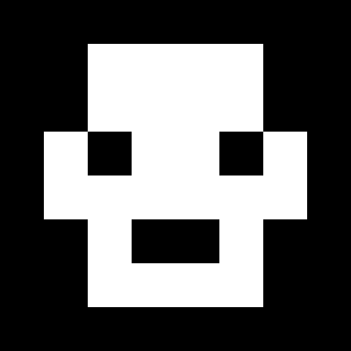 A black and white pixel art image depicting a skull-like face with two rectangular eyes and a rectangular mouth on a white background.