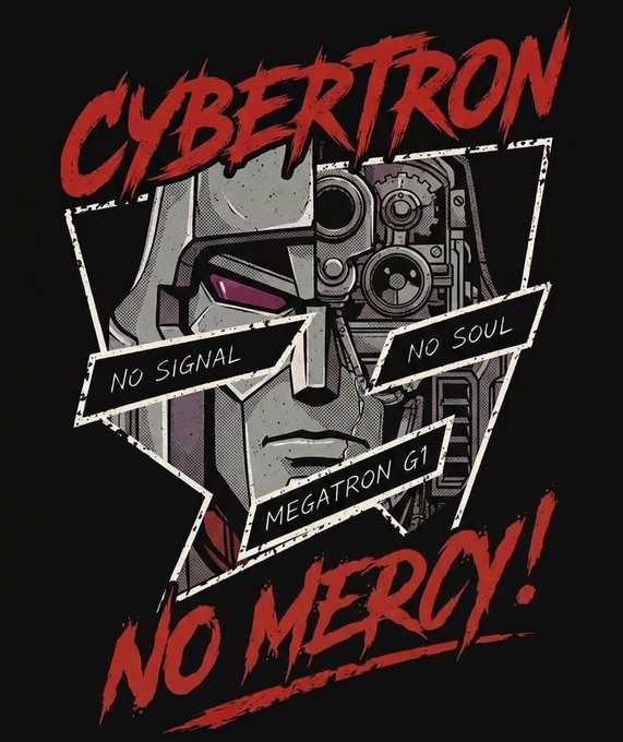 A stylized illustration of Megatron's face with visible mechanical details, overlaid with text reading "CYBERTRON," "NO SIGNAL," "NO SOUL," "MEGATRON G1," and "NO MERCY!" in a grungy red font on a black background—fittingly aggressive and menacing to match a "Happy Monday" mood.