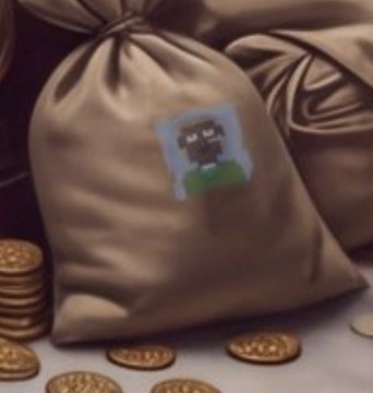 A burlap sack overflowing with gold coins is labeled with a pixel-art character, symbolizing a crypto "bag" of meme tokens like $TROLL and Stonkbrokers, suggesting Beeple is showcasing his holdings.