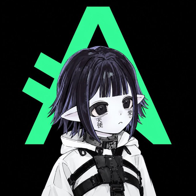 An anime-style illustration of a pale girl with short dark hair and pointed elf-like ears, wearing a white jacket with a black harness, with Japanese characters on her face and a bright green triangular symbol behind her on a black background.