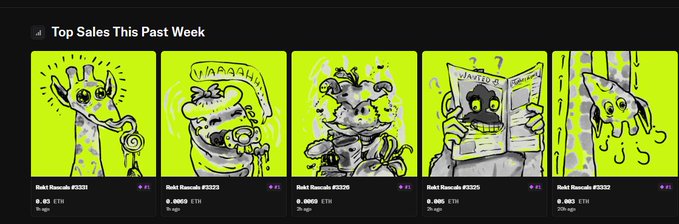 A webpage section titled 'Top Sales This Past Week' showing five lime-green digital artworks labeled 'Rekt Racials #3328', '#3323', '#3320', '#3325', and '#3322' priced in ETH.