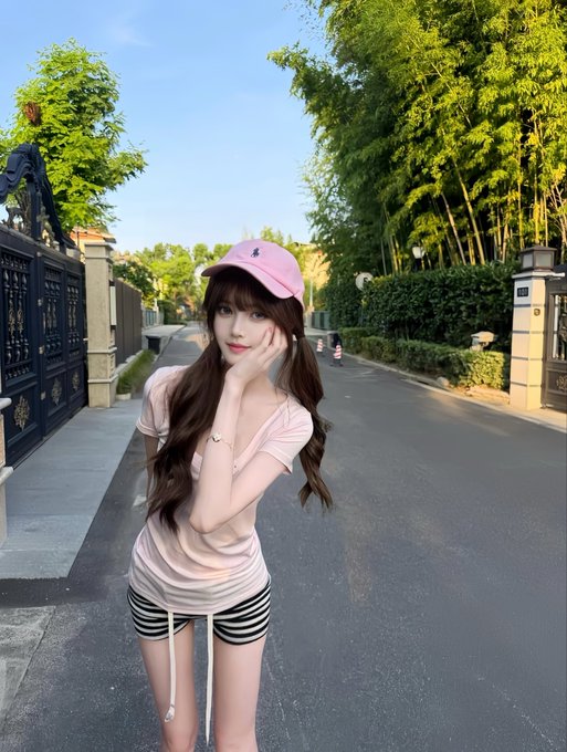 A photo of a young woman with long brown braids wearing a pink cap, a fitted light pink t-shirt, and striped shorts, posing on a tree-lined street near an ornate black gate.