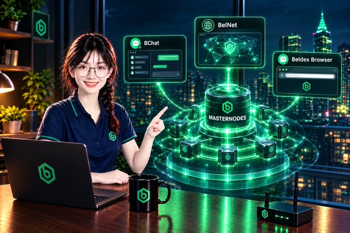 A smiling young woman wearing glasses sits at a desk with a Beldex-branded laptop, pointing toward a glowing green holographic display featuring three labeled interfaces: "BChat," "BelNet," and "Beldex Browser," all connected to a central "MASTERNODES" hub surrounded by floating crypto cubes, with a router and branded mug on the desk against a nighttime city skyline backdrop. The image visually represents the post's theme of highlighting the often-unnoticed masternode infrastructure layer of Beldex's privacy ecosystem, showing the technical backbone powering user-facing privacy apps like BChat and BelNet that most users never see.