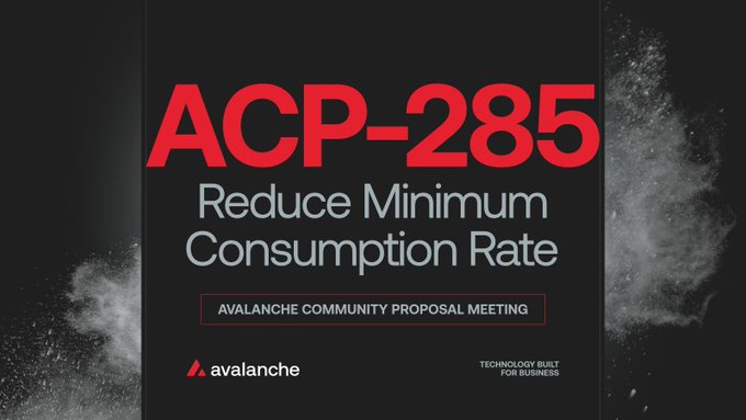 Avalanche promotional graphic for 'ACP-285 Reduce Minimum Consumption Rate' Avalanche Community Proposal Meeting.