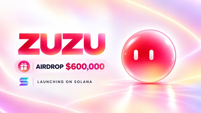 A sleek promotional graphic for "ZUZU" features a glossy pink smiley bubble beside text announcing an "AIRDROP $600,000" and "LAUNCHING ON SOLANA," aligning with the post's claim of a $ZUZU token airdrop distribution on April 11th ahead of its April 12th exchange listings.