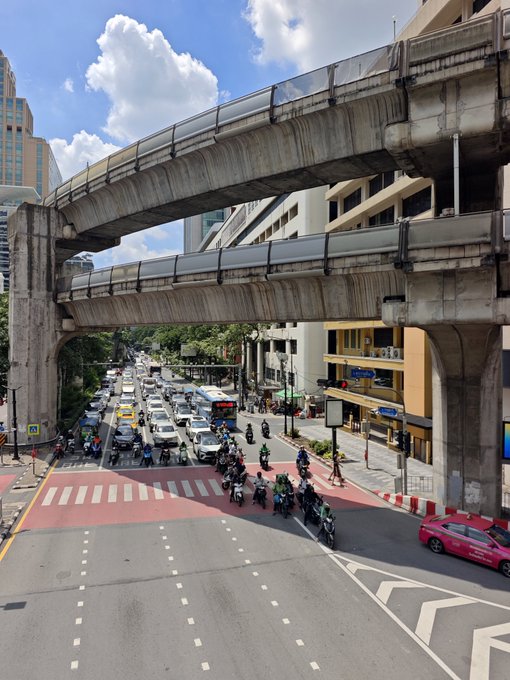 A bustling city street scene showing a busy intersection with heavy traffic, motorcycles, and an elevated concrete train track crossing overhead under a blue sky.