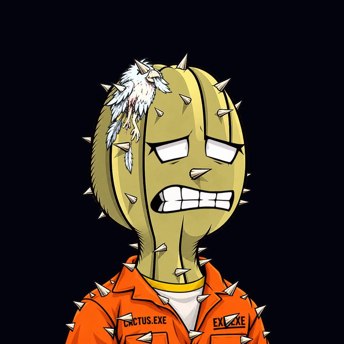 An anthropomorphic cactus with a furrowed brow and grimacing teeth wears a spiked jumpsuit labeled "CACTUS.EXE" and "EXE.EXE," featuring an exposed skull wound and spiked protrusions across its skin. The image aligns with the post's praise for the artwork's detail and introduces "@cactus_exe_" as a potential runner on Solana.