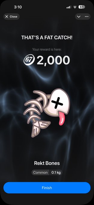 A mobile app screen showing a reward notification that reads 'THAT'S A FAT CATCH!' with a reward of 2,000 coins and an image of a cartoon fish skeleton labeled 'Rekt Bones' (Common, 0.1 kg).