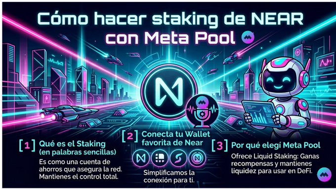 The image shows a poster for a cryptocurrency called "Metra Pool" with a robot character, likely representing the Metaverse, as part of its design. The poster includes information about the benefits of using the cryptocurrency, such as earning rewards through staking and the potential for liquid assets to be generated from it. The post also mentions that the cryptocurrency is based on blockchain technology, which adds an element of trust and security to the system.